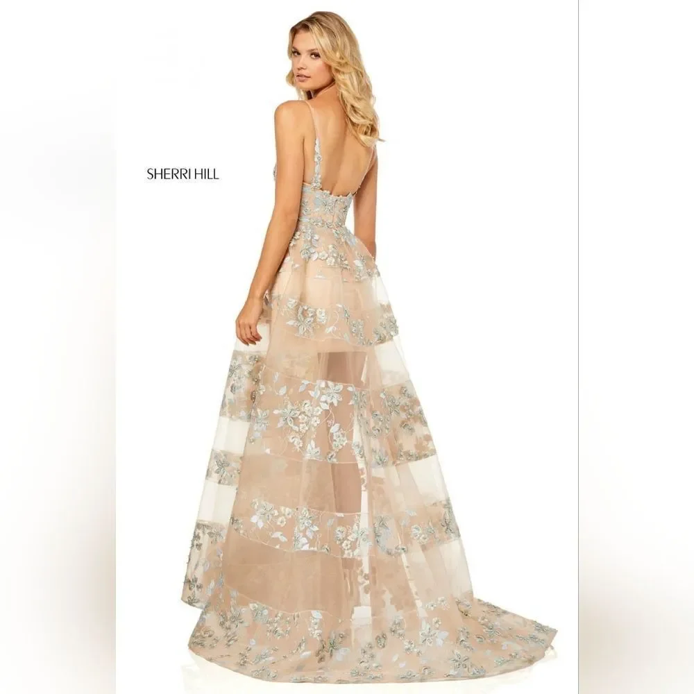 NWT Sherri Hill Floral Applique A Line Gown Dress Nude Size 00